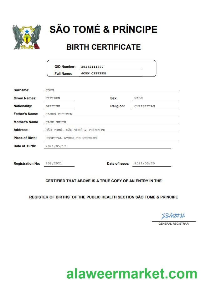 Sao Tome & Principe vital record birth certificate Word and PDF template